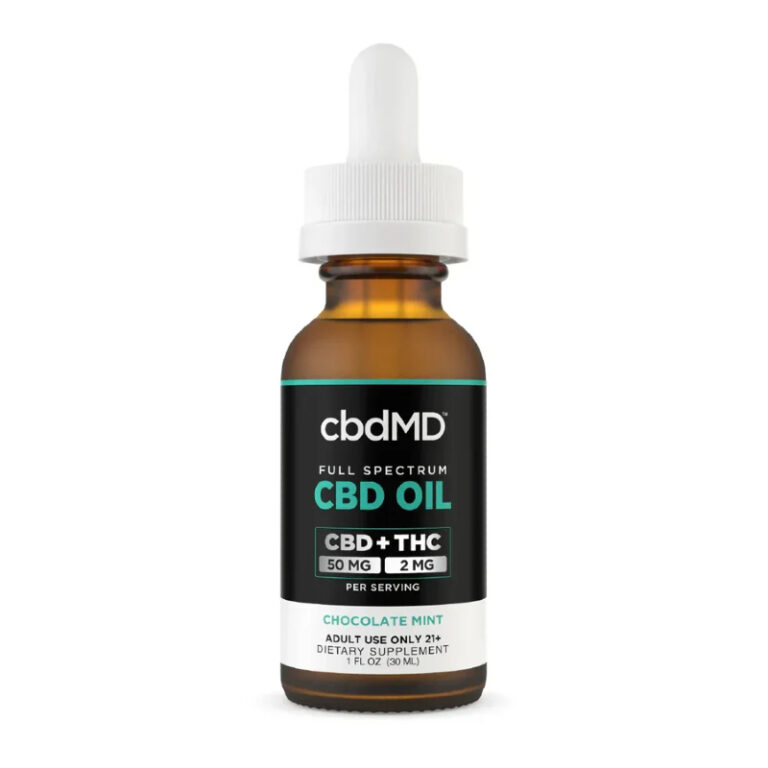 Bottle of cbdMD's full-spectrum oil drop tinctures in chocolate mint flavor