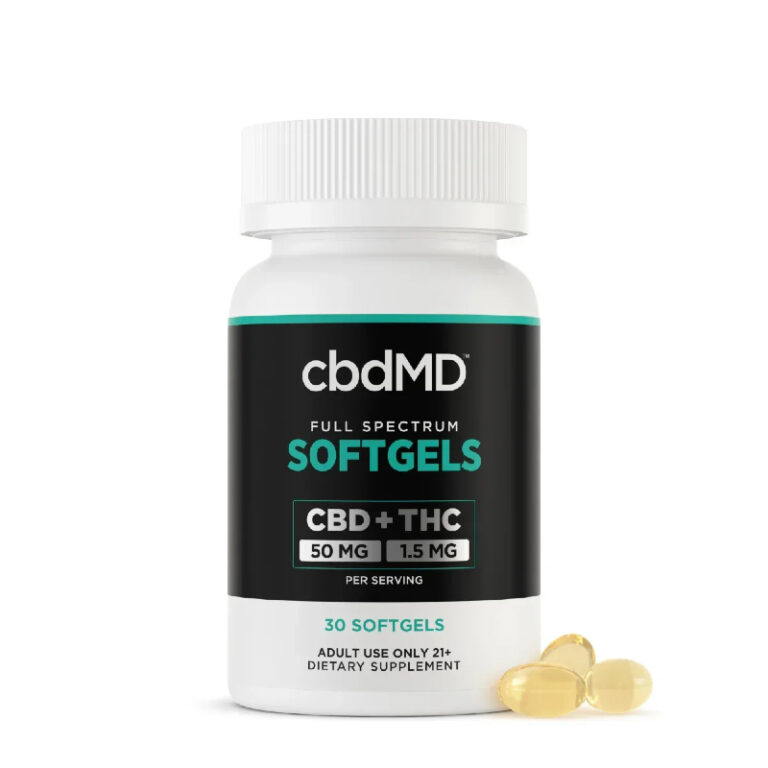 Bottle of cbdMD full-spectrum CBD Softgels