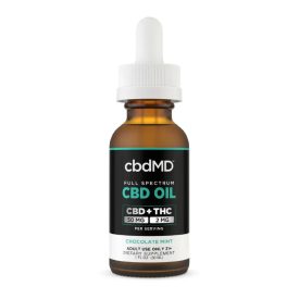 Bottle of cbdMD's full-spectrum oil drop tinctures in chocolate mint flavor