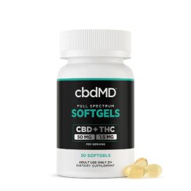 Bottle of cbdMD full-spectrum CBD Softgels